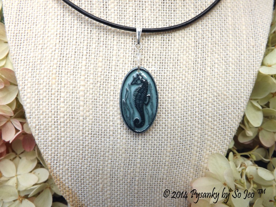 Seahorse Etched Emu Egg Pendant Pysanky Jewelry by So Jeo